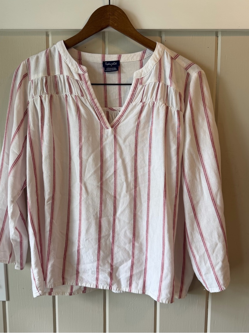 Splendid White and Red Striped V-Neck Peasant Blouse, Size Medium NWOT